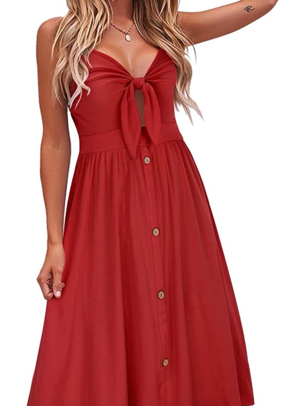 Red Tie Front Midi Sundress Women’s M Button Front Summer Dress Spaghetti Strap